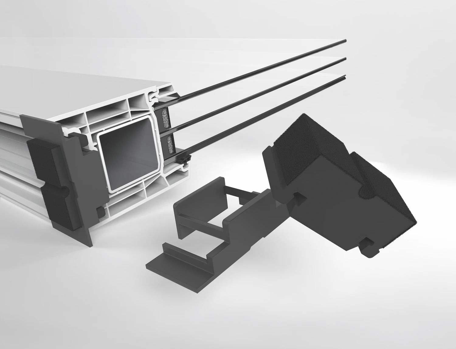 Window profile cross-section with EPDM foam seals
